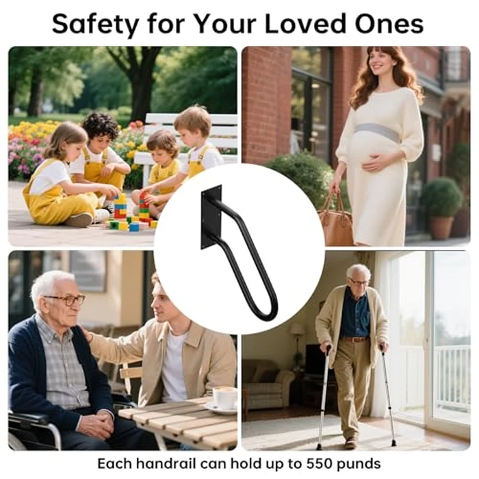 Aduanbang Wall Mount Handrail, Non-Slip U-Shape Stair Safety Grab Bar, Heavy Duty Powder Coated Metal for 1-2 Steps, Indoor/Outdoor Use, Garage Porch Garden Stair Railing - Black by Aduanbang - Image 7