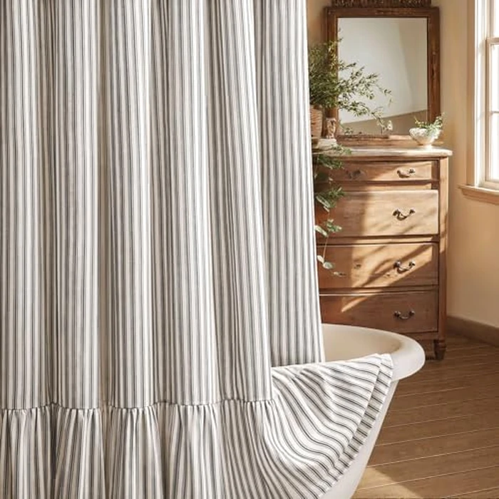 XOGUIBO Farmhouse Shower Curtain with Ruffle Hem Linen Shower Curtains for Bathroom Country Vintage Rustic Natural Fabric, Cream-Black Stripe 72" W x 96" L by XOGUIBO - Used - Very Good condition - US$31.03