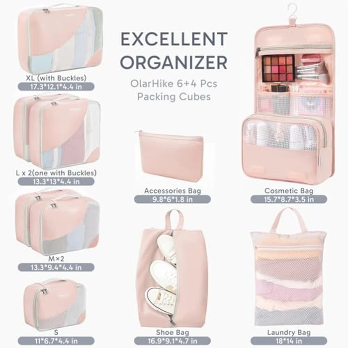 10 Set Packing Cubes for Travel, Gifts for Women Mom,Anti-Tearing Suitcase Organizer for Luggage with Shoe & Hanging Toiletry Bag,OlarHike Vacation Essentials & Accessories for Cruise Ship by OlarHike - Used - Like New condition - US$15.39