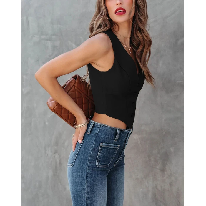 Sunborui Women's Business Button Up Sleeveless Vests Fully Lined V Neck Regular Fitted Jacket Waistcoat (Black,Small,Small) by Sunborui - Image 2