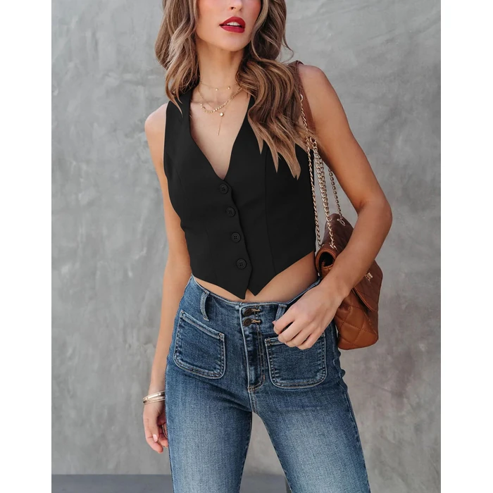 Sunborui Women's Business Button Up Sleeveless Vests Fully Lined V Neck Regular Fitted Jacket Waistcoat (Black,Small,Small) by Sunborui - Image 3
