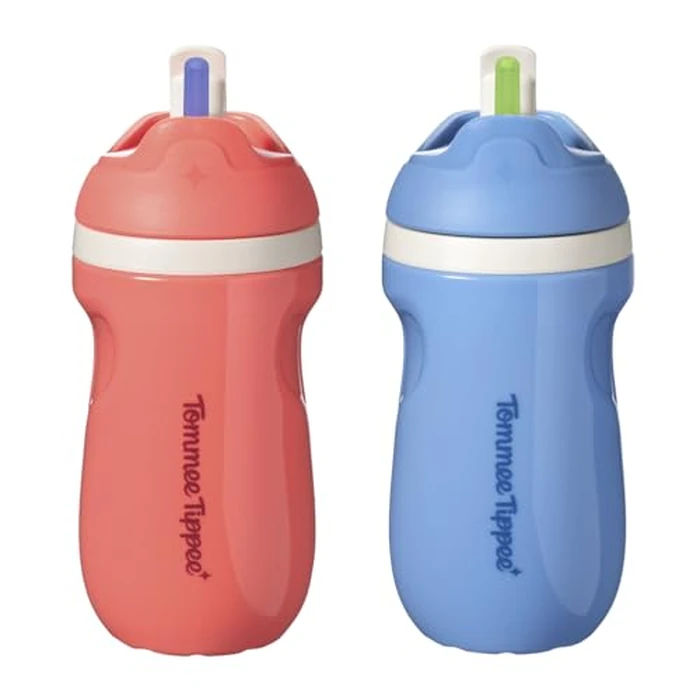 Tommee Tippee Insulated Sporty Spill-Proof Straw Cup, 12 Months+, 9oz, Toddler Training Sippy Cup, Sporty Carry Handle, Bite Resistant Spout, Flip Lid Keeps Straw Clean, Pack of 2, Blue and Red by Tommee Tippee - Used - Acceptable condition