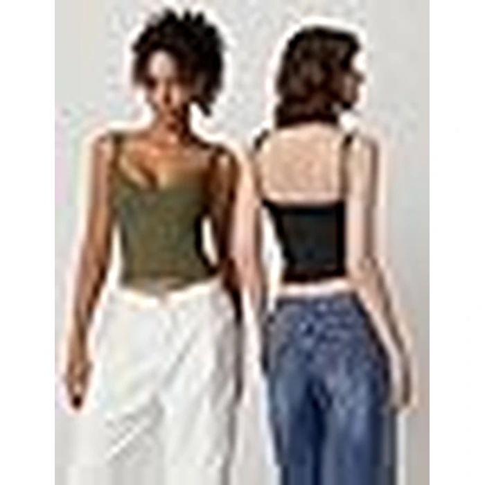 QINSEN Womens V Neck T-Shirts Going Out Tank Tops Sleeveless Slim Fit Y2K Cami Shirt Black M by QINSEN - Image 8