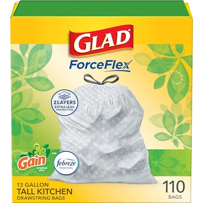 Glad ForceFlex Tall Kitchen Trash Bags, 13 Gal, Gain Original with Febreze, 110 Ct (Pack May Vary) by Glad - Image 1