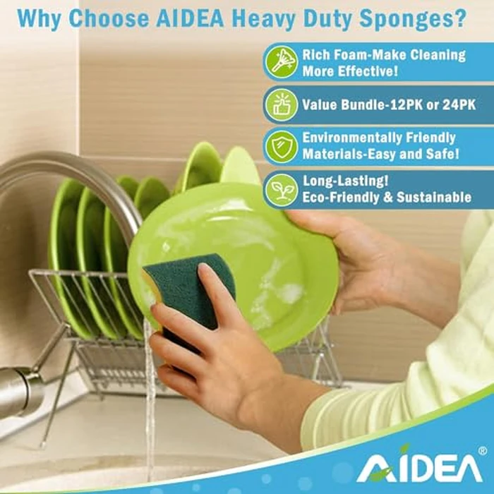 AIDEA Sponges Kitchen, 24 Pack Heavy Duty Dish Sponge, Cleaning Dish Scrubber Sponge for Home and Kitchen, Stink-Free Cleaning Supplies for Pots, Pans by AIDEA - Image 3