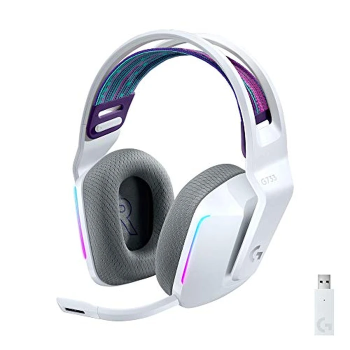 Logitech G733 Lightspeed Wireless Gaming Headset with Suspension Headband, LIGHTSYNC RGB, Blue VO!CE mic Technology and PRO-G Audio Drivers - White by Logitech G - Used - Very Good condition - US$75.18