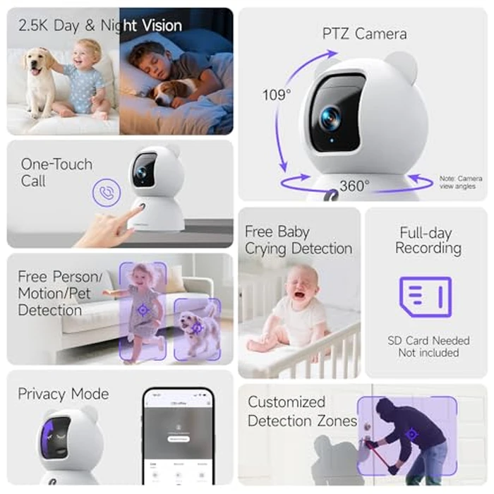 CINMOORE 2.5K Indoor Camera 2pack, Free AI Person/Pet/Cry Detection, 4MP Baby/Dog/Cat/Pet Camera Indoor with Phone App, Pan Tilt WiFi Cameras for Home Security, Night Vision, Full Duplex Audio by CINMOORE - Image 2