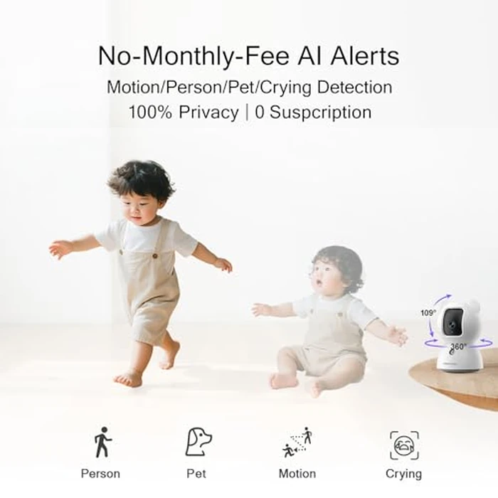 CINMOORE 2.5K Indoor Camera 2pack, Free AI Person/Pet/Cry Detection, 4MP Baby/Dog/Cat/Pet Camera Indoor with Phone App, Pan Tilt WiFi Cameras for Home Security, Night Vision, Full Duplex Audio by CINMOORE - Image 3