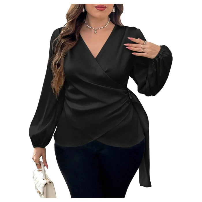 Floerns Women's Plus Size Satin Asymmetrical Wrap Tops Ruched V Neck Long Sleeve Blouses Black X-Large Plus by Floerns - Used - Like New condition - US$27.91