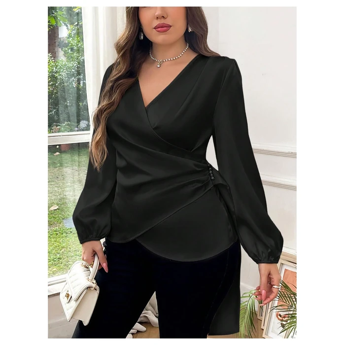Floerns Women's Plus Size Satin Asymmetrical Wrap Tops Ruched V Neck Long Sleeve Blouses Black X-Large Plus by Floerns - Image 4