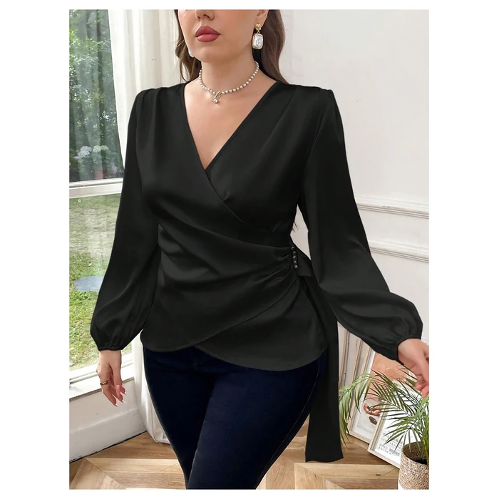 Floerns Women's Plus Size Satin Asymmetrical Wrap Tops Ruched V Neck Long Sleeve Blouses Black X-Large Plus by Floerns - Image 5