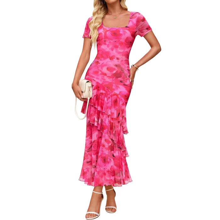 ZESICA Women's Summer Floral Bodycon Maxi Dress 2026 Square Neck Mesh Ruffle Elegant Cocktail Wedding Party Long Dresses, Rose, S by ZESICA - Used - Like New condition - US$47.49
