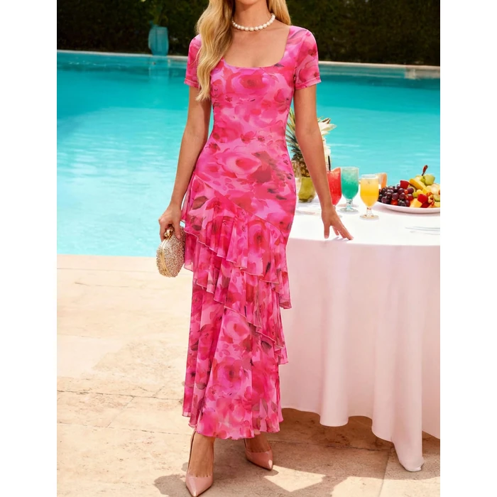 ZESICA Women's Summer Floral Bodycon Maxi Dress 2026 Square Neck Mesh Ruffle Elegant Cocktail Wedding Party Long Dresses, Rose, S by ZESICA - Image 2