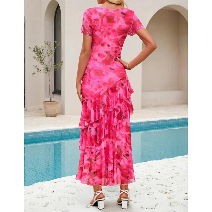 ZESICA Women's Summer Floral Bodycon Maxi Dress 2026 Square Neck Mesh Ruffle Elegant Cocktail Wedding Party Long Dresses, Rose, S by ZESICA - Image 5