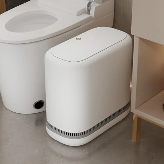 O-MART Bathroom Trash Can with Lid, Slim 3.2 Gallon Vacuum adsorption Garbage Bin, Narrow Press Top Waste Basket for Odor Control & Dog Proof for Bathroom Bedroom Office Home by O-MART - Used - Like New condition - US$37.12