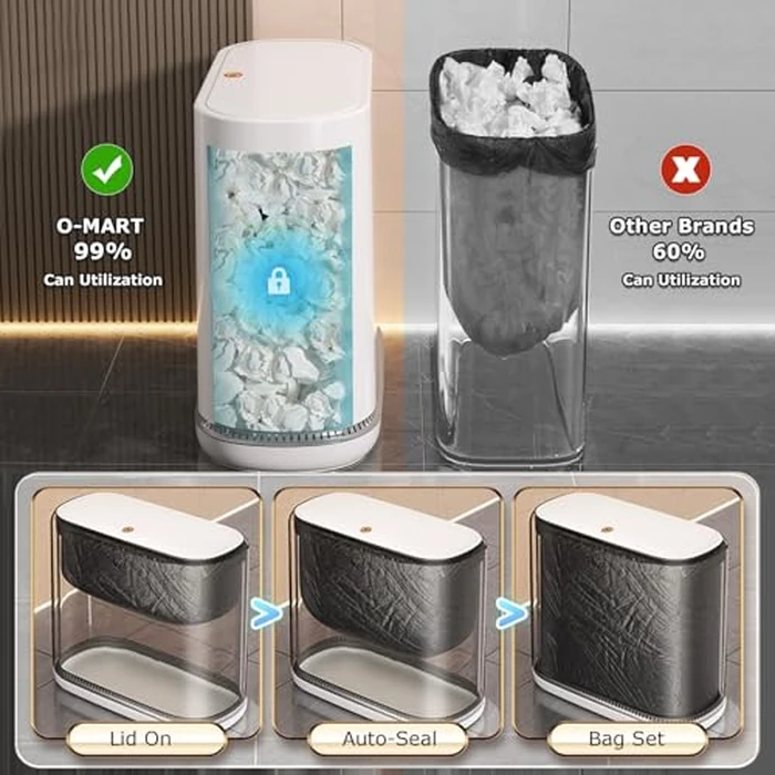 O-MART Bathroom Trash Can with Lid, Slim 3.2 Gallon Vacuum adsorption Garbage Bin, Narrow Press Top Waste Basket for Odor Control & Dog Proof for Bathroom Bedroom Office Home by O-MART - Image 2
