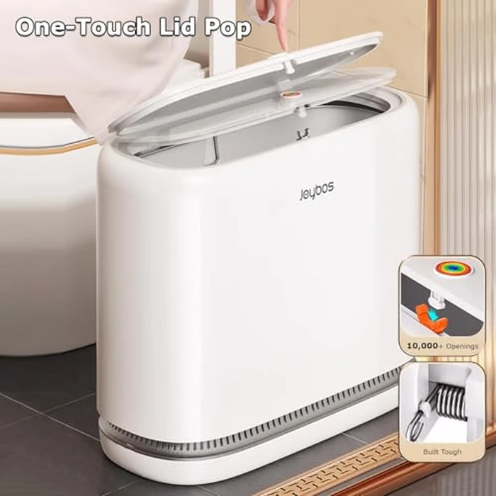 O-MART Bathroom Trash Can with Lid, Slim 3.2 Gallon Vacuum adsorption Garbage Bin, Narrow Press Top Waste Basket for Odor Control & Dog Proof for Bathroom Bedroom Office Home by O-MART - Image 7