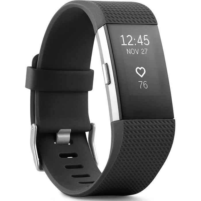 Fitbit Charge 2 Fitness Wristband - 22.6mm - Silver Stainless Steel Case with Black Elastomer Elastomer - Large Size by Fitbit - Refurbished - Premium condition - US$90.48