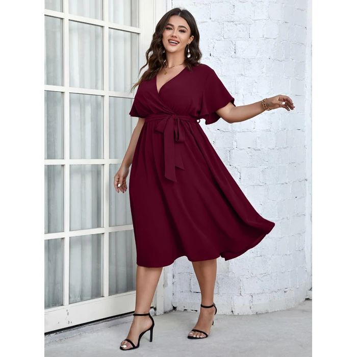 SCOMCHIC Womens Plus Size Wedding Guest Cocktail Midi Dress Summer Short Sleeve Wrap V Neck Belted A-Line Flowy Dress Burgundy by SCOMCHIC - Image 6