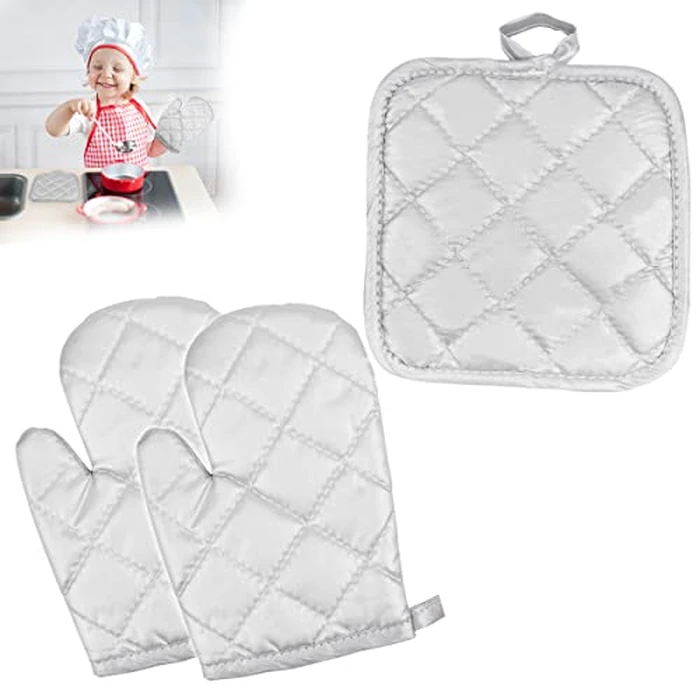 DOERDO 3 Pack Kid Oven Mitts for Children Heat Resistant Kitchen Mitts and Hot Pads, Great for Cooking Baking, Age 4-12 (7"x4.7", Silver) by DOERDO DD - Used - Like New condition - CA$16.40