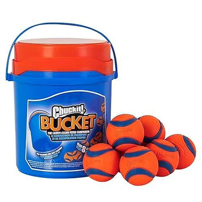 Chuckit! Ultra Ball Dog Toy with Chuckit! Cleaning Bucket, Bouncy Fetch Pet Toys For Dogs 20-60 lbs, Interactive Dog Toys, Durable Rubber, Size Medium, 2.5-inch Diameter, 8-Pack of Balls by Chuckit! - Used - Acceptable condition