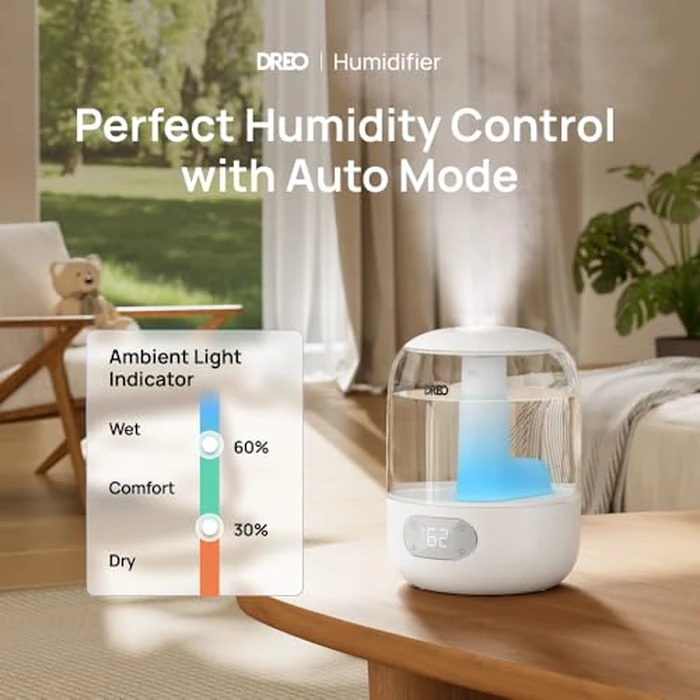 DREO Humidifiers for Bedroom, 3L Top Fill 30H & 26dB Quiet Runtime for Large Room, Cool Mist Ultrasonic Humidifier with Humidity Sensor, Night Light for Home, Baby, Nursery, Plants, New Edition by DREO - Used - Acceptable condition