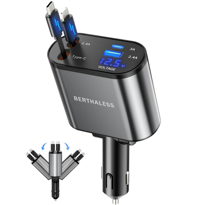 BERTHALESS Retractable Car Charger, 4 in 1 Fast Charging Car Charger with USB-C & USB-A, Compatible with iPhone 17/16/15/14/13/12/11,Galaxy,Pixel, Car Accessories for Men Women Drivers by BERTHALESS - Used - Like New condition - US$13.74