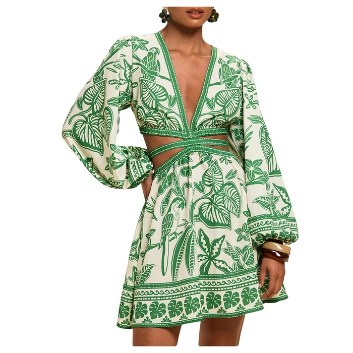 Floerns Women's Tropical Bishop Sleeve Mini Dress Cut Out Tie Back V Neck Beach A Line Dresses Green Large by Floerns - Used - Like New condition