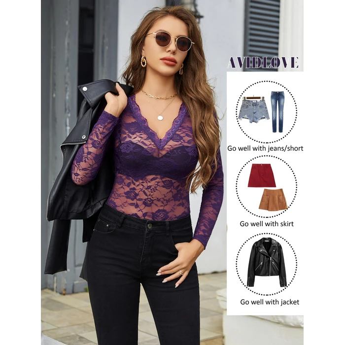 Avidlove Mesh Lace Tops for Women Sheer Crop Top Deep V Neck Floral Lace T Shirts See Through Blouse Purple S by Avidlove - Image 7