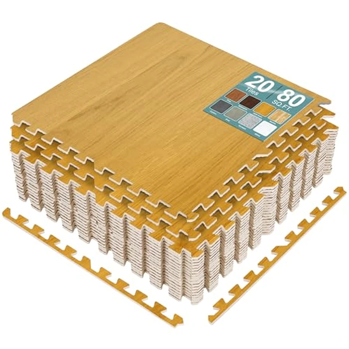 Sorbus 80 Sq. Ft. Wood Grain Floor Tiles Foam Mat EVA Interlocking Mats Tile 3/8-Inch Thick Flooring Wood Puzzle Exercise Mats w/Borders - Home Playroom Basement, Apartment, Trade Show, Baby, Dance by SORBUS - Used - Very Good condition - CA$114.38