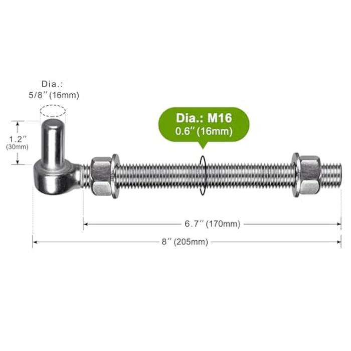 Insaga M16x 8'' J-Bolt Gate Hinge, 304 Stainless Steel J-Bolt Post Hinge for Farm Gate, 5/8" Male Pin J-Bolt Hinge for Chain Link Fence Gate, Gate Hinges for Metal Gates (2Pcs) by Insaga - Image 2