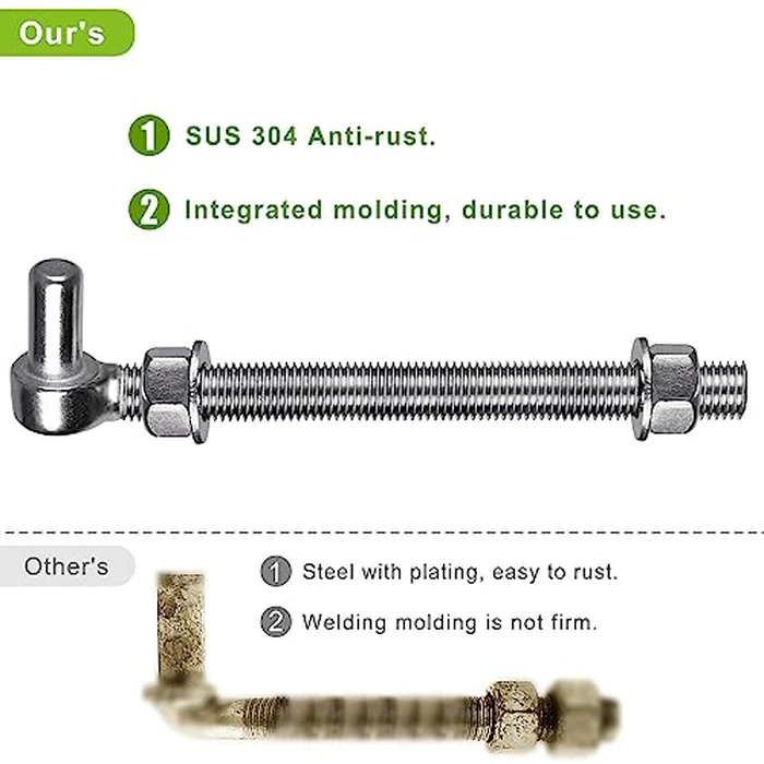 Insaga M16x 8'' J-Bolt Gate Hinge, 304 Stainless Steel J-Bolt Post Hinge for Farm Gate, 5/8" Male Pin J-Bolt Hinge for Chain Link Fence Gate, Gate Hinges for Metal Gates (2Pcs) by Insaga - Image 4