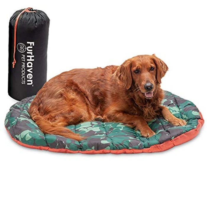 Furhaven Outdoor Travel Dog Bed for Large/Medium Dogs w/ Carry Bag, Washable & Foldable, Great for Crates & Kennels - Trail Pup Travel Pillow Mat w/ Stuff Sack Bag - Paprika/Camo-Paw, Large by Furhaven - Image 1