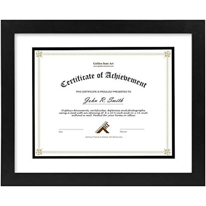 Golden State Art, 11x14 Diploma Frame for 8.5x11 Document & Certificates with Mat, Or 11x14 Without Mat, Real Glass, Double Mat (Black with White/Black, 1 Pack, Solid Wood) by Golden State Art - Used - Very Good condition