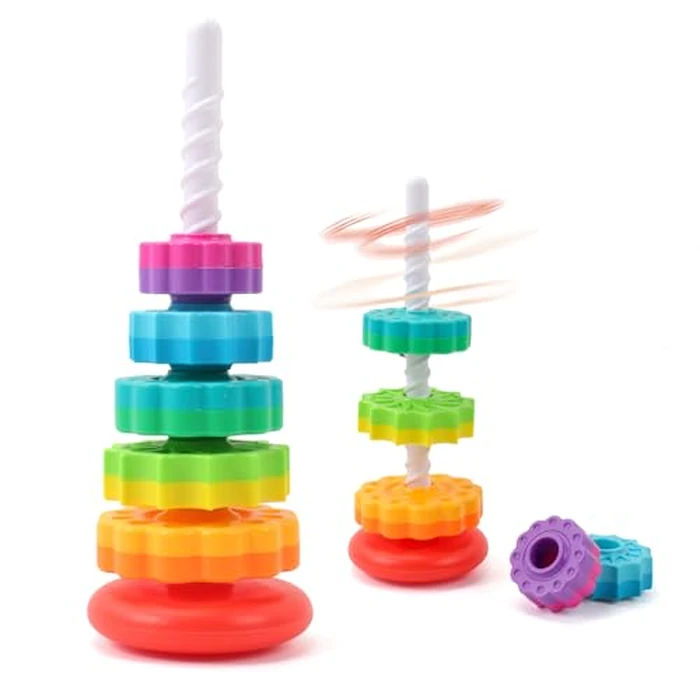 Riuja Baby Spinning Stacking Toys, 1-3 Rainbow Ring Stacker Montessori Toys for Babies, Sensory Toys for Toddlers, Christmas and Birthday Gifts Suitable for Boys and Girls (14 inches) by Riuja - Image 1