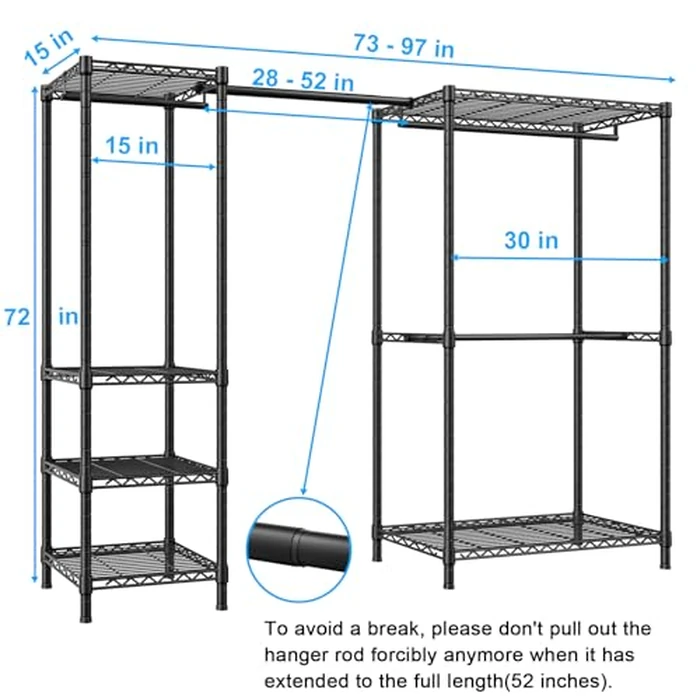 Ulif E10 Clothes Rack（With Stretchable Hanger Rod）Freestanding Clothing Racks for Hanging Clothes，Adjustable Closet Organizer System，Portable Garment Rack 73-97"W x 15" D x 72" H，Max Load 800LBS，Black by Ulif - Image 2