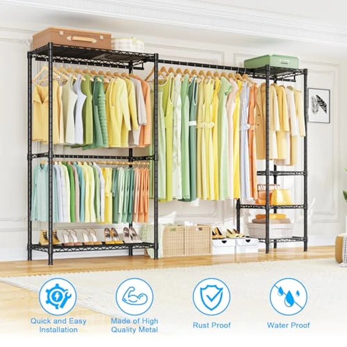 Ulif E10 Clothes Rack（With Stretchable Hanger Rod）Freestanding Clothing Racks for Hanging Clothes，Adjustable Closet Organizer System，Portable Garment Rack 73-97"W x 15" D x 72" H，Max Load 800LBS，Black by Ulif - Image 3