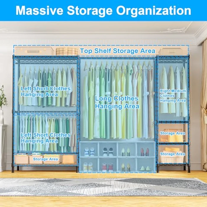 Ulif E10 Clothes Rack（With Stretchable Hanger Rod）Freestanding Clothing Racks for Hanging Clothes，Adjustable Closet Organizer System，Portable Garment Rack 73-97"W x 15" D x 72" H，Max Load 800LBS，Black by Ulif - Image 4