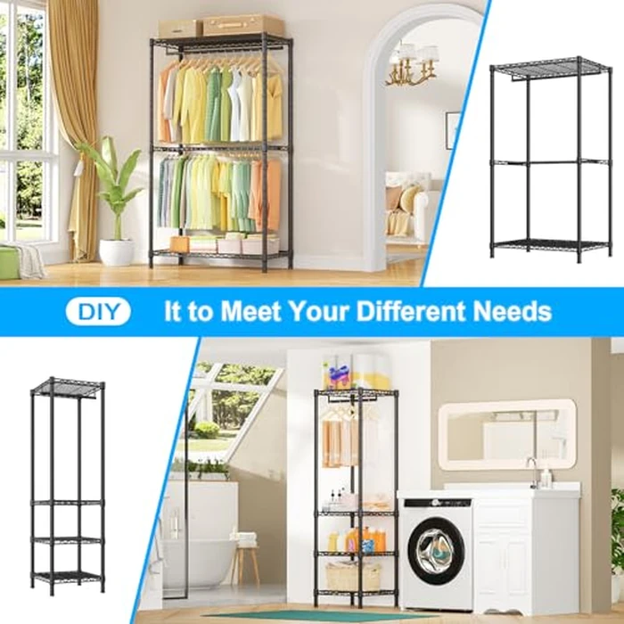 Ulif E10 Clothes Rack（With Stretchable Hanger Rod）Freestanding Clothing Racks for Hanging Clothes，Adjustable Closet Organizer System，Portable Garment Rack 73-97"W x 15" D x 72" H，Max Load 800LBS，Black by Ulif - Image 6