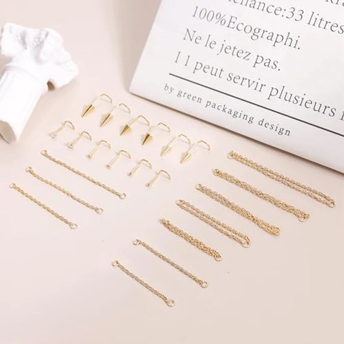 LOREMOW 22Pcs 20G Surgical Steel Nose Ring Chain Nose Ring Stud for Women Men Double Nose Chain Piercing Across Nose Spike Ball CZ Nose Studs Nostril Piercing Jewelry S Gold by LOREMOW - Image 2