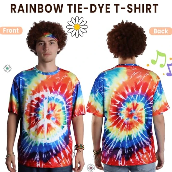 APHBPT 70s Outfits for Men - 10 Pcs Hippie Costume Set with Tie Dye Shirt, Fringe Vest & Accessories,60s/70s Retro Party Clothes Kit (M) by APHBPT - Used - Very Good condition - US$30.09