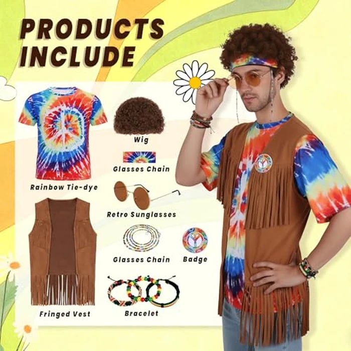 APHBPT 70s Outfits for Men - 10 Pcs Hippie Costume Set with Tie Dye Shirt, Fringe Vest & Accessories,60s/70s Retro Party Clothes Kit (M) by APHBPT - Image 2