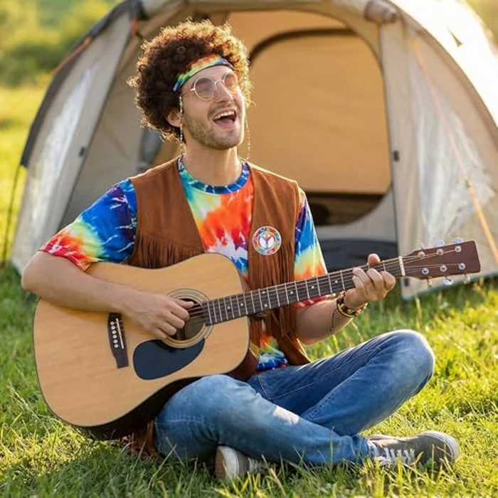 APHBPT 70s Outfits for Men - 10 Pcs Hippie Costume Set with Tie Dye Shirt, Fringe Vest & Accessories,60s/70s Retro Party Clothes Kit (M) by APHBPT - Image 3