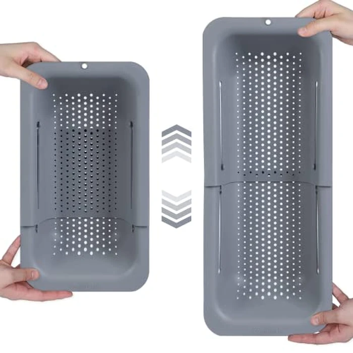 BLUE GINKGO Over the Sink Colander Strainer Basket - Wash Vegetables and Fruits, Drain Cooked Pasta and Dry Dishes - Extendable - New Home Kitchen Essentials (Grey, 1 Pack) by BLUE GINKGO - Image 1