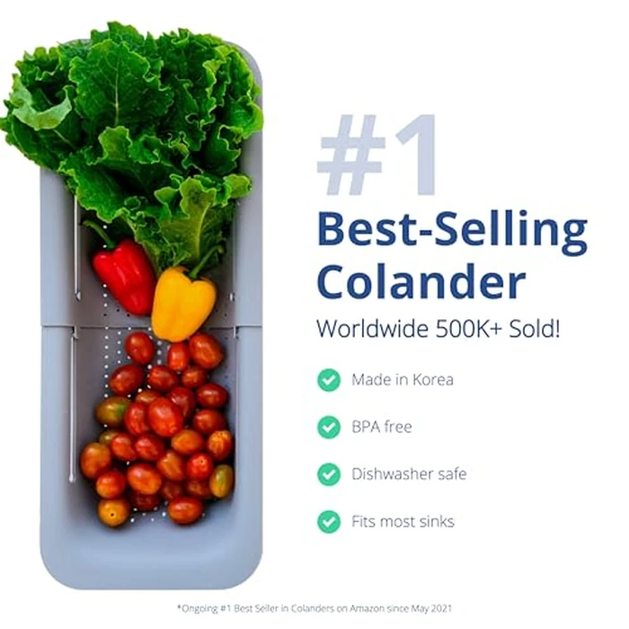 BLUE GINKGO Over the Sink Colander Strainer Basket - Wash Vegetables and Fruits, Drain Cooked Pasta and Dry Dishes - Extendable - New Home Kitchen Essentials (Grey, 1 Pack) by BLUE GINKGO - Image 2