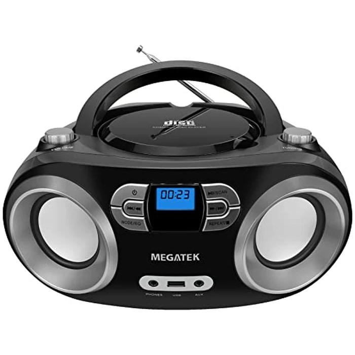 MEGATEK Portable CD Player Boombox with FM Radio, Bluetooth, USB Port, AUX Input, and Headphone Jack - CD-R/CD-RW/MP3-CD Compatible, Clear Stereo Sound, Backlit LCD Display - Black by MEGATEK - Used - Very Good condition - CA$63.56