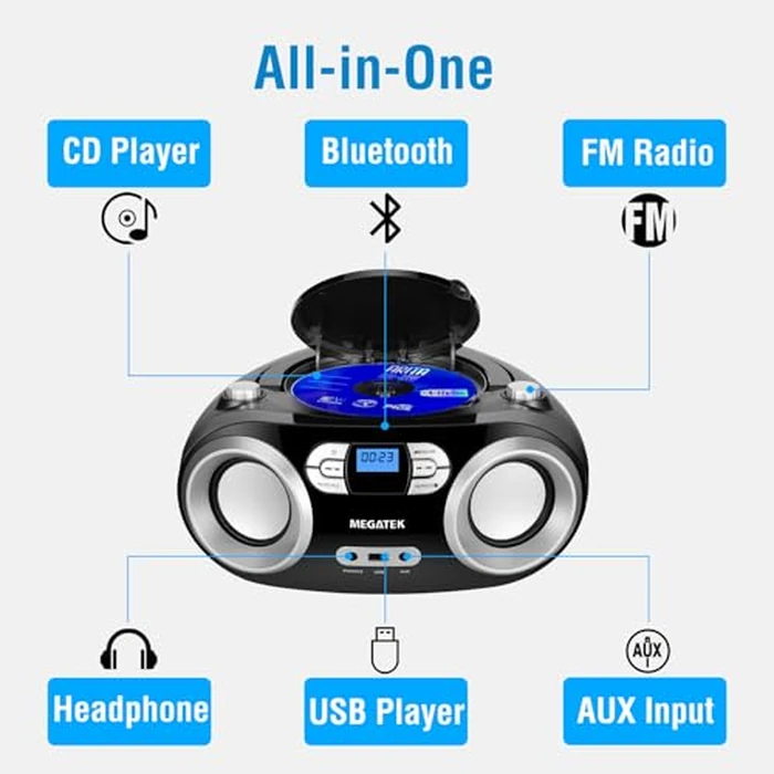 MEGATEK Portable CD Player Boombox with FM Radio, Bluetooth, USB Port, AUX Input, and Headphone Jack - CD-R/CD-RW/MP3-CD Compatible, Clear Stereo Sound, Backlit LCD Display - Black by MEGATEK - Image 2