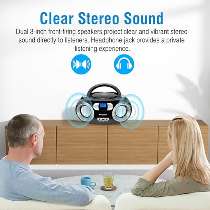 MEGATEK Portable CD Player Boombox with FM Radio, Bluetooth, USB Port, AUX Input, and Headphone Jack - CD-R/CD-RW/MP3-CD Compatible, Clear Stereo Sound, Backlit LCD Display - Black by MEGATEK - Image 3