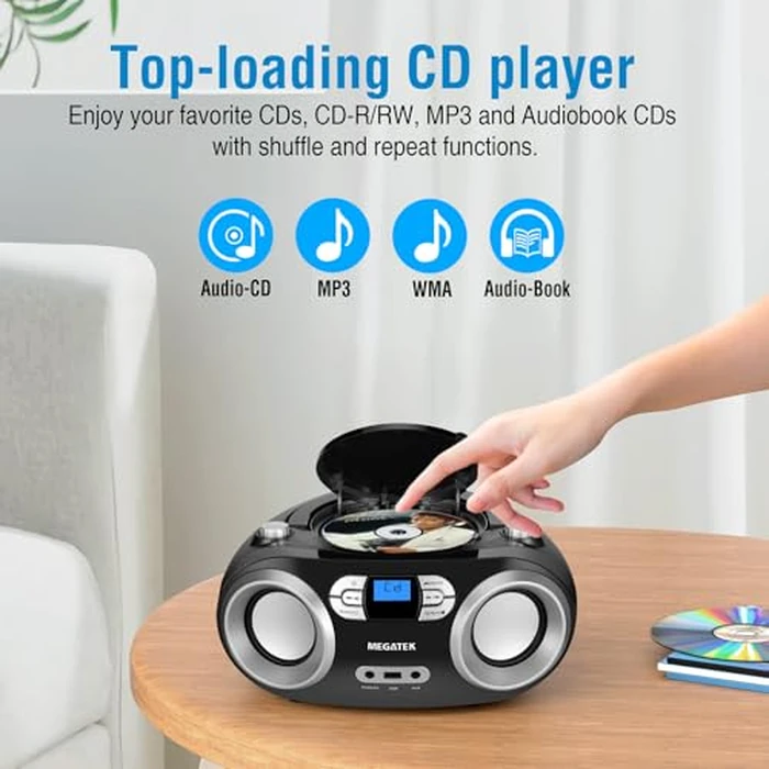 MEGATEK Portable CD Player Boombox with FM Radio, Bluetooth, USB Port, AUX Input, and Headphone Jack - CD-R/CD-RW/MP3-CD Compatible, Clear Stereo Sound, Backlit LCD Display - Black by MEGATEK - Image 6