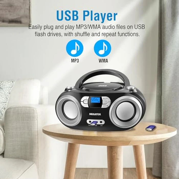 MEGATEK Portable CD Player Boombox with FM Radio, Bluetooth, USB Port, AUX Input, and Headphone Jack - CD-R/CD-RW/MP3-CD Compatible, Clear Stereo Sound, Backlit LCD Display - Black by MEGATEK - Image 8